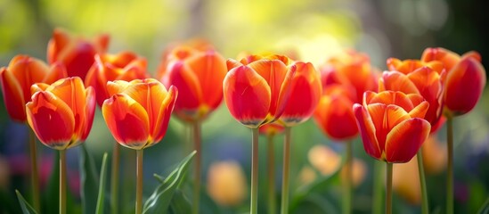 Vibrant tulips with orange-red petals and yellow edges bloom in spring, showcasing the beauty of nature.