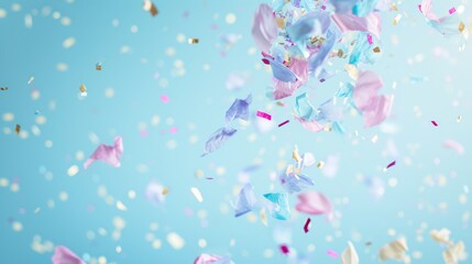 Spirited Brazilian confetti on a soft blue pastel background, generative ai