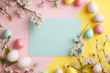 Naklejka na ściany i meble Minimalistic Easter background frame mockup with negative empty space for text. Easter eggs and spring sakura flowers on blue, yellow and pink showcase. Space for text, decor concept.