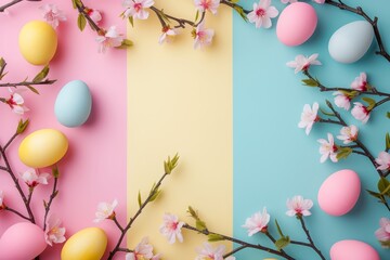 Obraz na płótnie Canvas Minimalistic Easter background mockup with negative empty space for text. Easter eggs and spring sakura flowers on blue, yellow and pink showcase. Space for text, decor concept.
