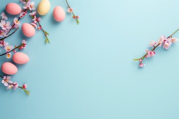 Minimalistic Easter background mockup with negative empty space for text. Easter eggs and spring sakura flowers on a blue background. Space for text, decor concept. Blank space in the right