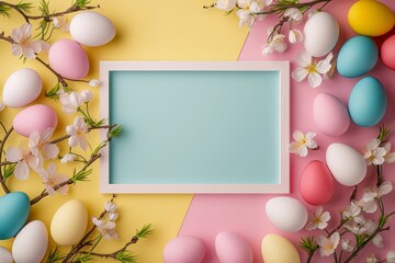 Naklejka na ściany i meble Minimalistic Easter background frame mockup with negative empty space for text. Easter eggs and spring sakura flowers on blue, yellow and pink showcase. Space for text, decor concept.