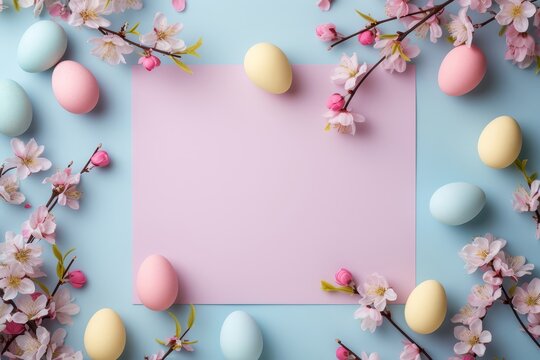 Minimalistic Easter background mockup with negative empty space for text. Easter eggs and spring sakura flowers on two tone colors blue and pink showcase. Space for text, decor concept.