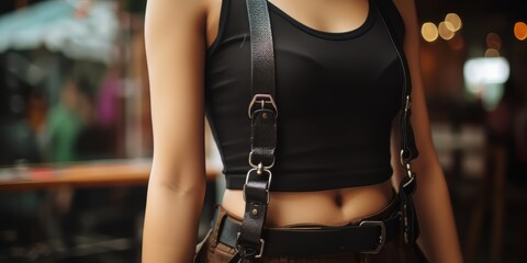 Woman Wearing Leather Harness and Black Top