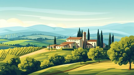 Landscape view of Tuscany hills. Italian countryside panorama with olive trees, old farmhouses and cypress. Rural panoramic scenery landscape. Vector illustration - obrazy, fototapety, plakaty