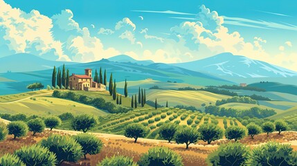 Obraz premium Landscape view of Tuscany hills. Italian countryside panorama with olive trees, old farmhouses and cypress. Rural panoramic scenery landscape. Vector illustration