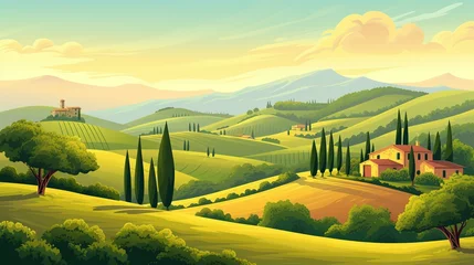 Photo sur Plexiglas Orange Landscape view of Tuscany hills. Italian countryside panorama with olive trees, old farmhouses and cypress. Rural panoramic scenery landscape. Vector illustration