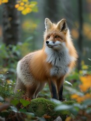 Naklejka na ściany i meble A captivating fox moving through a dense, green woodland, sunlight dappling its rich, red coat and bright, inquisitive eyes.