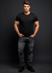 young male model in a black T-shirt on a black background
