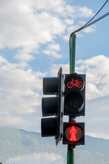 Urban traffic light for cyclists and pedestrians, red light for cyclists and pedestrians