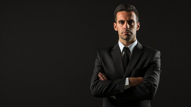 confident businessman in a professional posture, in front of an elegant black background generative ai