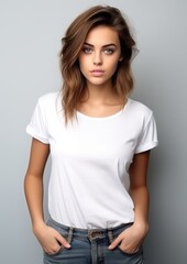 model in a white T-shirt on a gray background