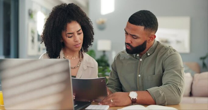 Couple, laptop and paperwork or home insurance or conversation for online agreement, mortgage or expenses. Man, woman and document for payment finances on internet for house, network or guidelines