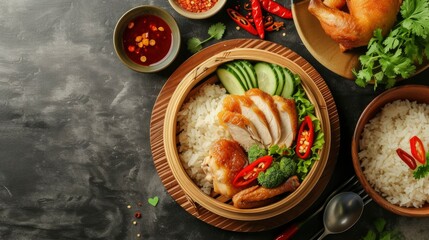 steamed rice with fried chicken or hainanese chicken rice, realistic, HD, copy space - generative ai