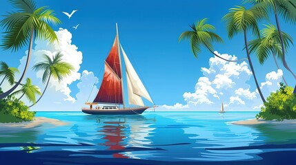 Old sailboat floating on calm blue water of sea or ocean near tropical island with palm trees. Cartoon marine sunny landscape with vessel in harbor. Ship with wooden deck and stamp, red canvas sails - obrazy, fototapety, plakaty