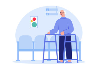 Senior man walking using walker Nursing home vector illustration.