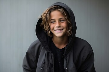 Portrait of a boy wearing a hooded sweatshirt and smiling - obrazy, fototapety, plakaty