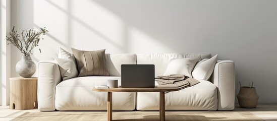 Contemporary room with chic couch and laptop on table