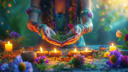 Hands of spiritual medicine woman preparing medicinal herbs with lit candles; holy ritual plants. purification and healing of soul and body. natural remedy of shaman healer, for holistic care - obrazy, fototapety, plakaty
