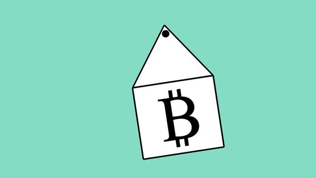 Bit coin symbol animated on a house cyan background.