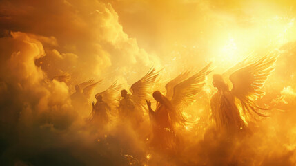 A group of angels in shades of gold orange and yellow their wings blending with the vibrant colors of the sunset.