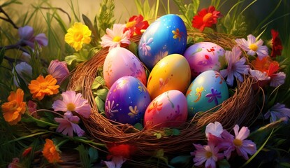 Fototapeta na wymiar Colorful Easter eggs in a nest with spring blooms.