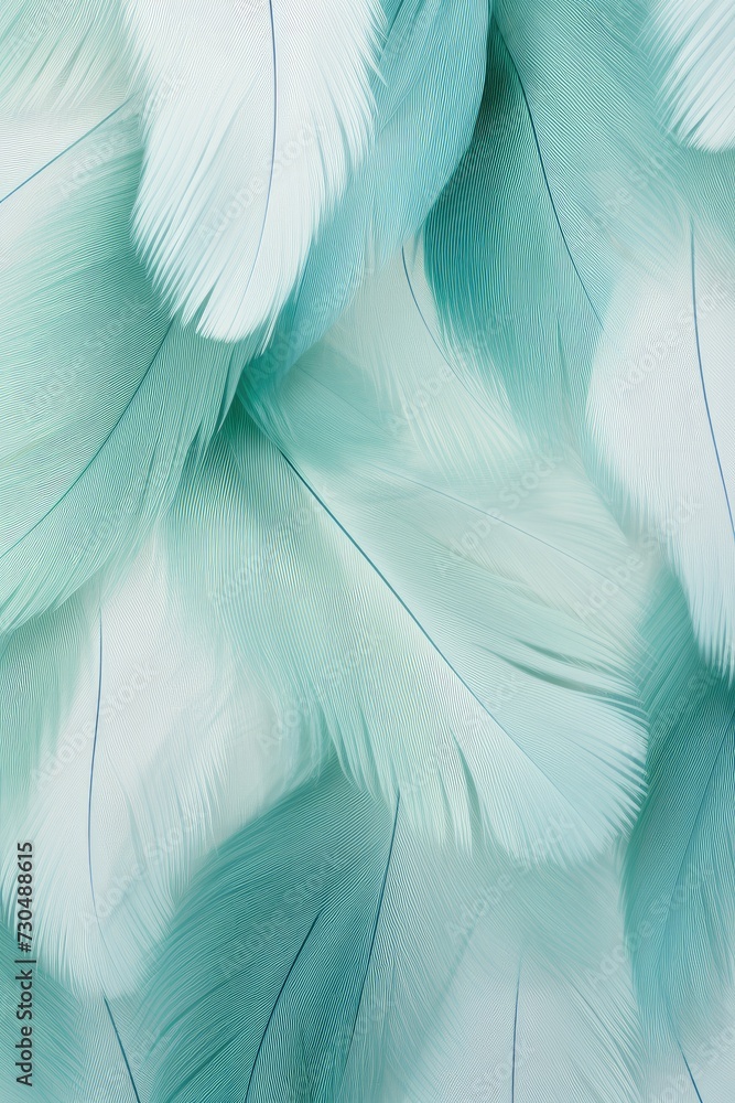 Poster beautiful closeup feather background in light turquoise blue and teal colors. macro texture of color