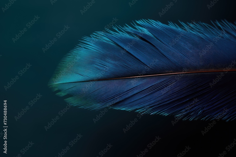 Poster beautiful closeup feather background in dark turquoise blue and teal colors. macro texture of colorf