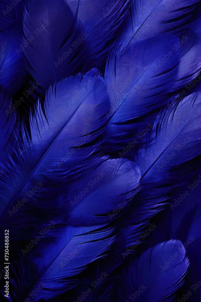 Poster beautiful closeup feather background in dark purple and navy blue colors. macro texture of colorful 