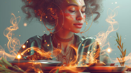 Mystical dreamy shaman woman burning holy medical herbs. Spiritual herbalist, energy medicine concept. Emotional poster with curly hair and magical mystic flames. Sacred mysterious priestess - obrazy, fototapety, plakaty
