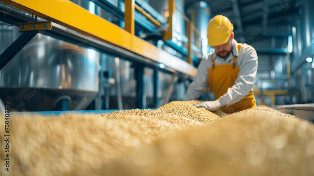 Poster workers using specialized equipment to monitor the temperature and moisture levels of grain in stora