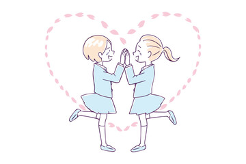 喜び合う学生の女の子たちと桜のハート