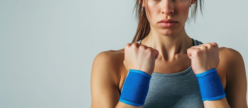 Female boxer on white background wearing a blue wrist strap, getting ready for training with strength and confidence.