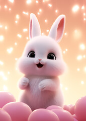 Fototapeta premium Cute White Bunny Rabbit Sitting on Pink Easter Eggs