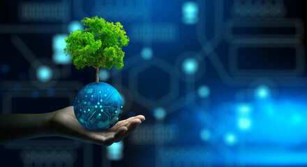 Man hand holding Tree on digital ball with technological convergence blue background. Green computing, csr, IT ethics, Nature technology interaction, and Environmental friendly. - obrazy, fototapety, plakaty