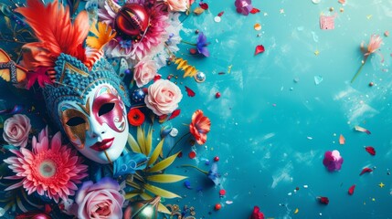 Whimsical carnival arrangement featuring colorful masks and festive decorations on a serene blue background generative ai