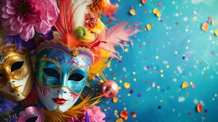 Whimsical carnival arrangement featuring colorful masks and festive decorations on a serene blue background generative ai