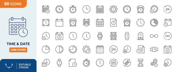 Time and Date Line Editable Stroke, icon set