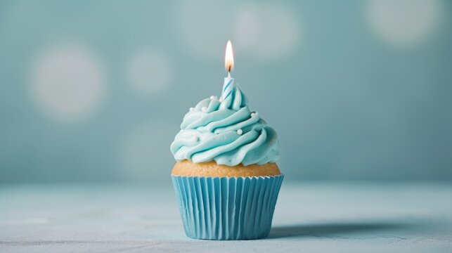 Whimsical cupcake with blue pastel frosting and a single candle, generative ai