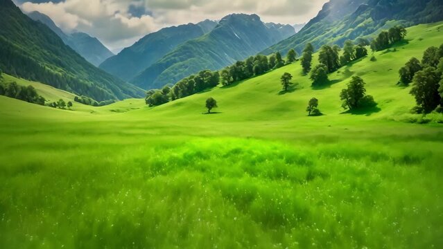 A Painting of a Green Field With Mountains in the Background