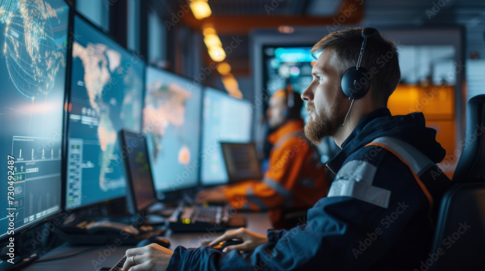 Poster sitting in a control room a team of engineers monitors the performance of a container vessel. with r