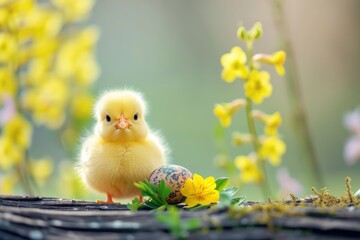 Chick on wooden surface among yellow flowers.