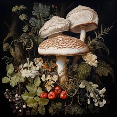 Woodland mushrooms, moody moss mushroom wall print, floral dark academia, halloween printable, vintage poster, gothic oil painting