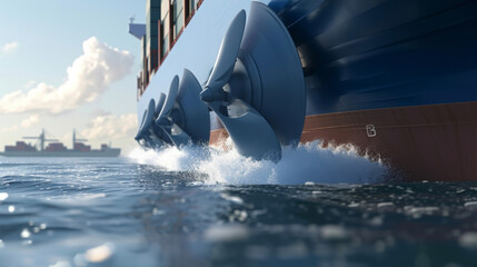 A closeup shot of a mive container ships propellers churning the water emphasizing the size and power of these vessels.