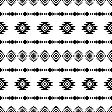 Ethnic southwest tribal navajo indian geometric ornamental seamless pattern fabric black and white design for textile printing