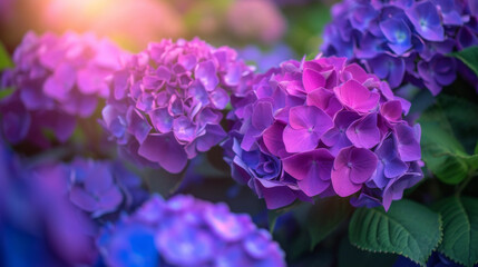 The deep purple hues of a hydrangea bush each of flowers taking on a different shade when illuminated by the sunlight.