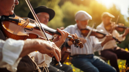 Traditional folk musicians gather in a circle their instruments glinting in the sunlight as they play lively tunes.