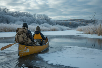 Fototapeta na wymiar Winter canoe journey, couple on a partially frozen lake, serene, chilly landscape, shared exploration