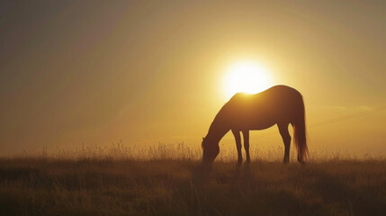 The silhouette of a lone horse grazes in a field as the sun sets a peaceful and idyllic scene on the open road. - obrazy, fototapety, plakaty