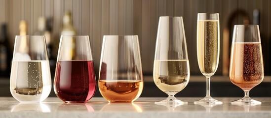 Assorted stemless glasses in red, white, and rose, alongside a classic champagne flute.
